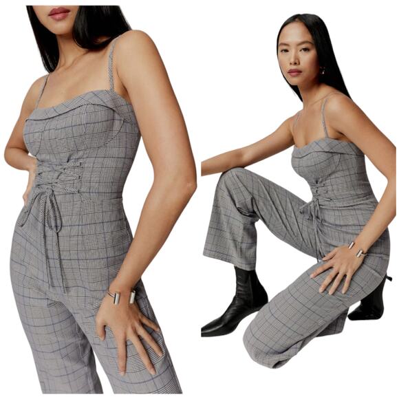 Reformation NWT Cameran Jumpsuit Grey Plaid Size 2 Adjustable Corset Bodice - Picture 2 of 14